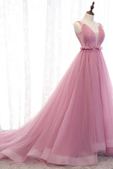Pink Tulle Long Prom Dresses, A-Line Evening Party Dresses