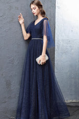 Blue V-Neck Tulle Long Prom Dresses, A-Line Evening Dresses