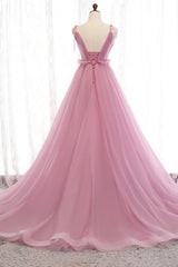Pink Tulle Long Prom Dresses, A-Line Evening Party Dresses