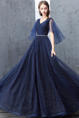 Blue V-Neck Tulle Long Prom Dresses, A-Line Evening Dresses