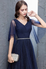 Blue V-Neck Tulle Long Prom Dresses, A-Line Evening Dresses