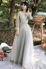 Gray Tulle Lace Long A-Line Prom Dresses, Gray Tulle Bridesmaid Dresses