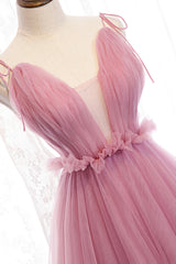 Pink Tulle Long Prom Dresses, A-Line Evening Party Dresses