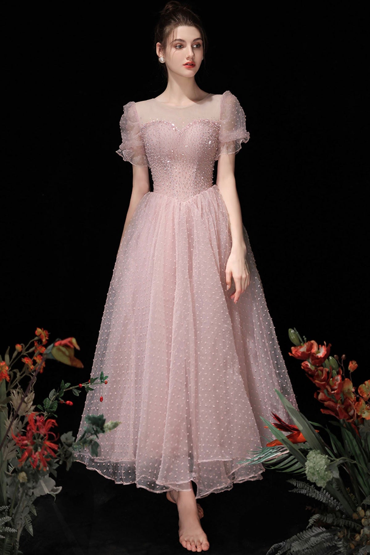 Pink Tulle Beading Tea Length Prom Dresses, A-Line Homecoming Dresses