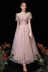 Pink Tulle Beading Tea Length Prom Dresses, A-Line Homecoming Dresses