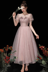 Pink Tulle Beading Tea Length Prom Dresses, A-Line Homecoming Dresses