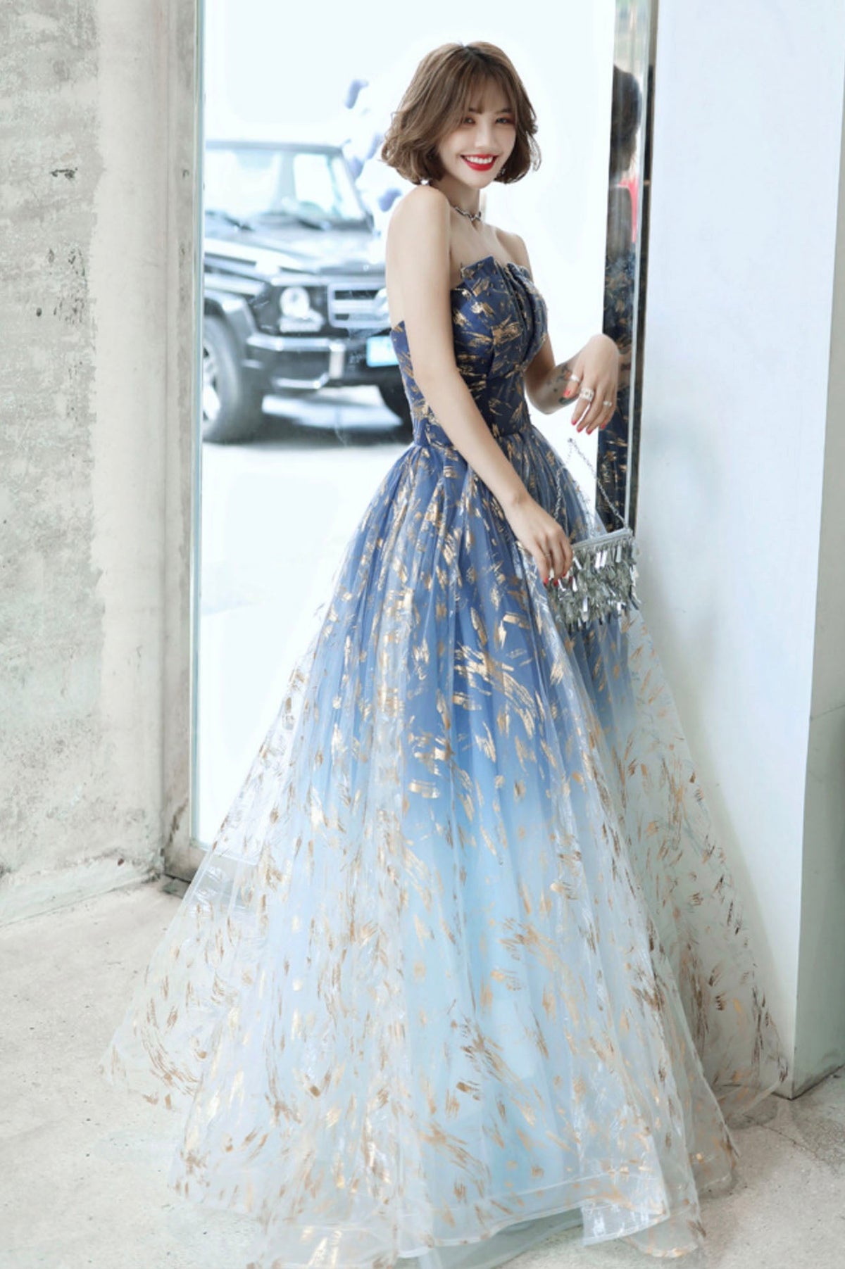 Blue Tulle Gradient Long Formal Gowns, A-Line Strapless Evening Dresses