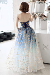 Blue Tulle Gradient Long Formal Gowns, A-Line Strapless Evening Dresses