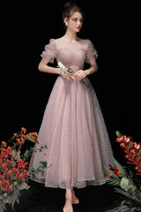 Pink Tulle Beading Tea Length Prom Dresses, A-Line Homecoming Dresses
