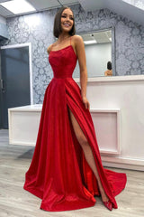 Red Satin Long A-Line Prom Dress, Red Backless Evening Dress with Slit