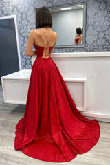 Red Satin Long A-Line Prom Dress, Red Backless Evening Dress with Slit