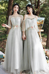 Gray Tulle Lace Long A-Line Prom Dresses, Gray Tulle Bridesmaid Dresses