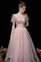 Pink Tulle Beading Tea Length Prom Dresses, A-Line Homecoming Dresses