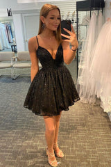 Black Sequins Short Prom Dresses, A-Line Black Homecoming Dresses