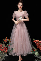 Pink Tulle Beading Tea Length Prom Dresses, A-Line Homecoming Dresses