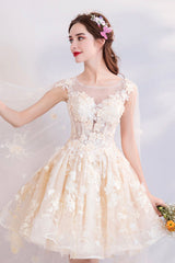 Champagne Tulle Lace Short Prom Dresses, A-Line Lace Party Dresses
