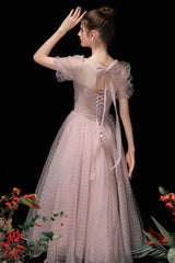 Pink Tulle Beading Tea Length Prom Dresses, A-Line Homecoming Dresses
