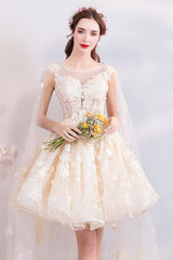 Champagne Tulle Lace Short Prom Dresses, A-Line Lace Party Dresses