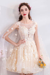Champagne Tulle Lace Short Prom Dresses, A-Line Lace Party Dresses