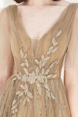 A-Line Tulle Beading Long Prom Dresses, V-Neck Evening Dresses