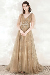 A-Line Tulle Beading Long Prom Dresses, V-Neck Evening Dresses