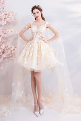 Champagne Tulle Lace Short Prom Dresses, A-Line Lace Party Dresses