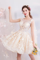 Champagne Tulle Lace Short Prom Dresses, A-Line Lace Party Dresses