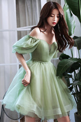 Green Tulle Short Prom Dress, Green A-Line Short Sleeve Party Dress