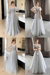 Gray Tulle Sequins Long Prom Dresses, A-Line Evening Dresses
