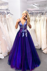 A-Line Tulle Lace Long Prom Dresses, V-neck Evening Party Dresses