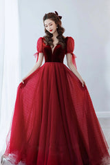 Burgundy Velvet Tulle Long Prom Dress, A-Line Formal Evening Dress