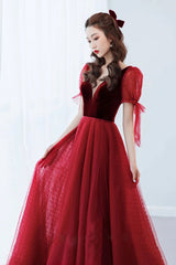 Burgundy Velvet Tulle Long Prom Dress, A-Line Formal Evening Dress