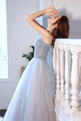 Blue Tulle Long A-Line Prom Dress with Beaded, Blue Strapless Evening Dress