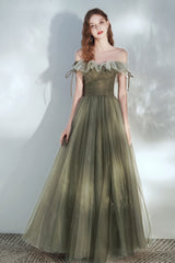 Green Tulle Long Prom Dress, A-Line Off the Shoulder Evening Dress