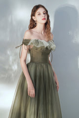 Green Tulle Long Prom Dress, A-Line Off the Shoulder Evening Dress