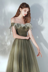 Green Tulle Long Prom Dress, A-Line Off the Shoulder Evening Dress