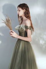 Green Tulle Long Prom Dress, A-Line Off the Shoulder Evening Dress
