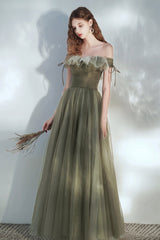Green Tulle Long Prom Dress, A-Line Off the Shoulder Evening Dress