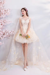Champagne Tulle Lace Short Prom Dresses, A-Line Lace Party Dresses