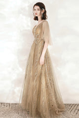 A-Line Tulle Beading Long Prom Dresses, V-Neck Evening Dresses