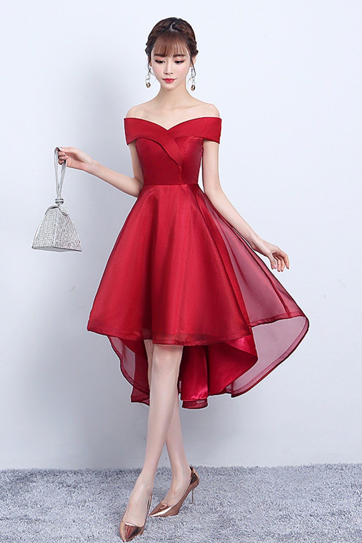 Red V-Neck Tulle High Low Prom Dress, Off the Shoulder Party Dress