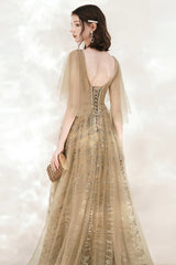 A-Line Tulle Beading Long Prom Dresses, V-Neck Evening Dresses