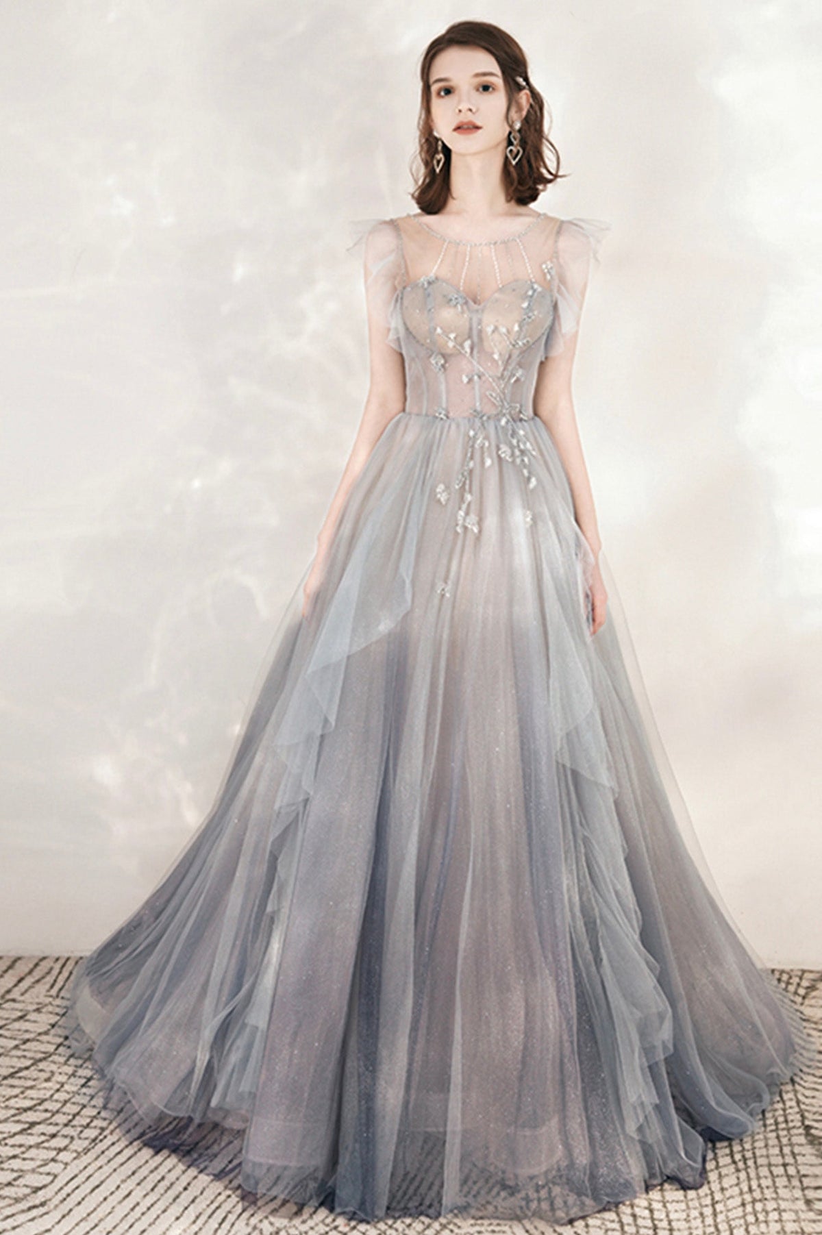 Gray Tulle Beading Long Prom Dresses, A-Line Scoop Neckline Evening Dresses