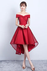 Red V-Neck Tulle High Low Prom Dress, Off the Shoulder Party Dress