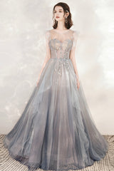 Gray Tulle Beading Long Prom Dresses, A-Line Scoop Neckline Evening Dresses