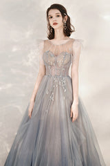 Gray Tulle Beading Long Prom Dresses, A-Line Scoop Neckline Evening Dresses
