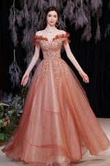 A-Line Tulle Sequins Long Prom Dresses, Off the Shoulder Evening Dresses