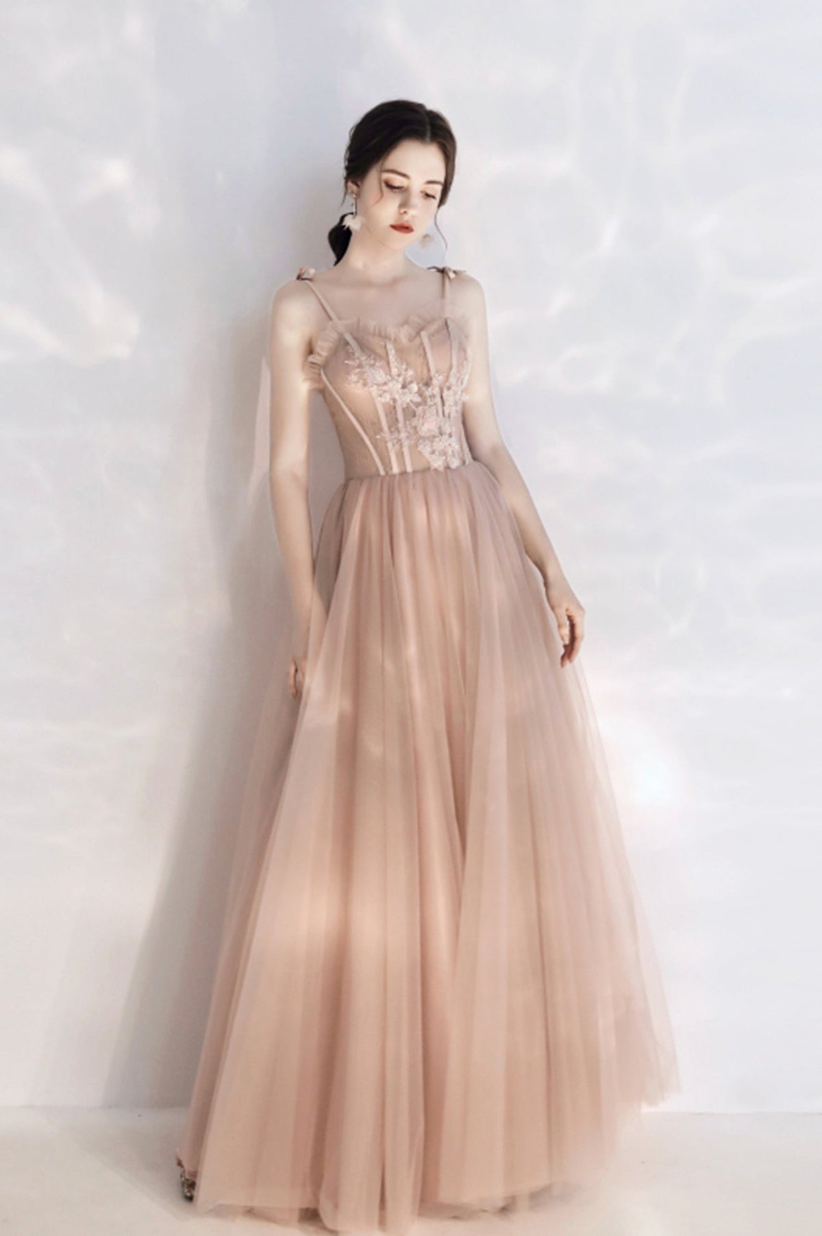 Pink Spaghetti Lace Long Prom Dresses, Cute A-Line Graduation Dresses