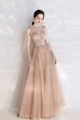 Pink Spaghetti Lace Long Prom Dresses, Cute A-Line Graduation Dresses