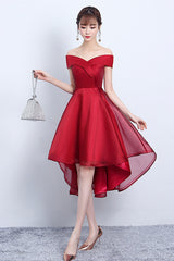 Red V-Neck Tulle High Low Prom Dress, Off the Shoulder Party Dress